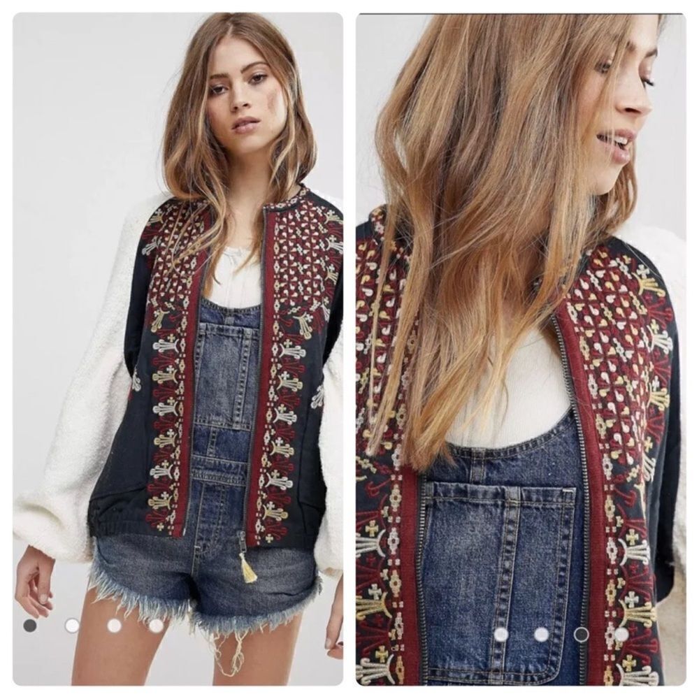 Free People Black and Red Embroidered Bomber Jacket